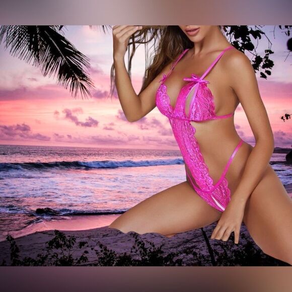 Stringy Teddy l Hot Pink l Bow Accent l Crotchless l XL l New - Picture 4 of 7